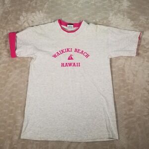 VTG Waikiki Beach Embroidered Double Color Shirt Gray‎ Pink Sz Lg Signal Tag